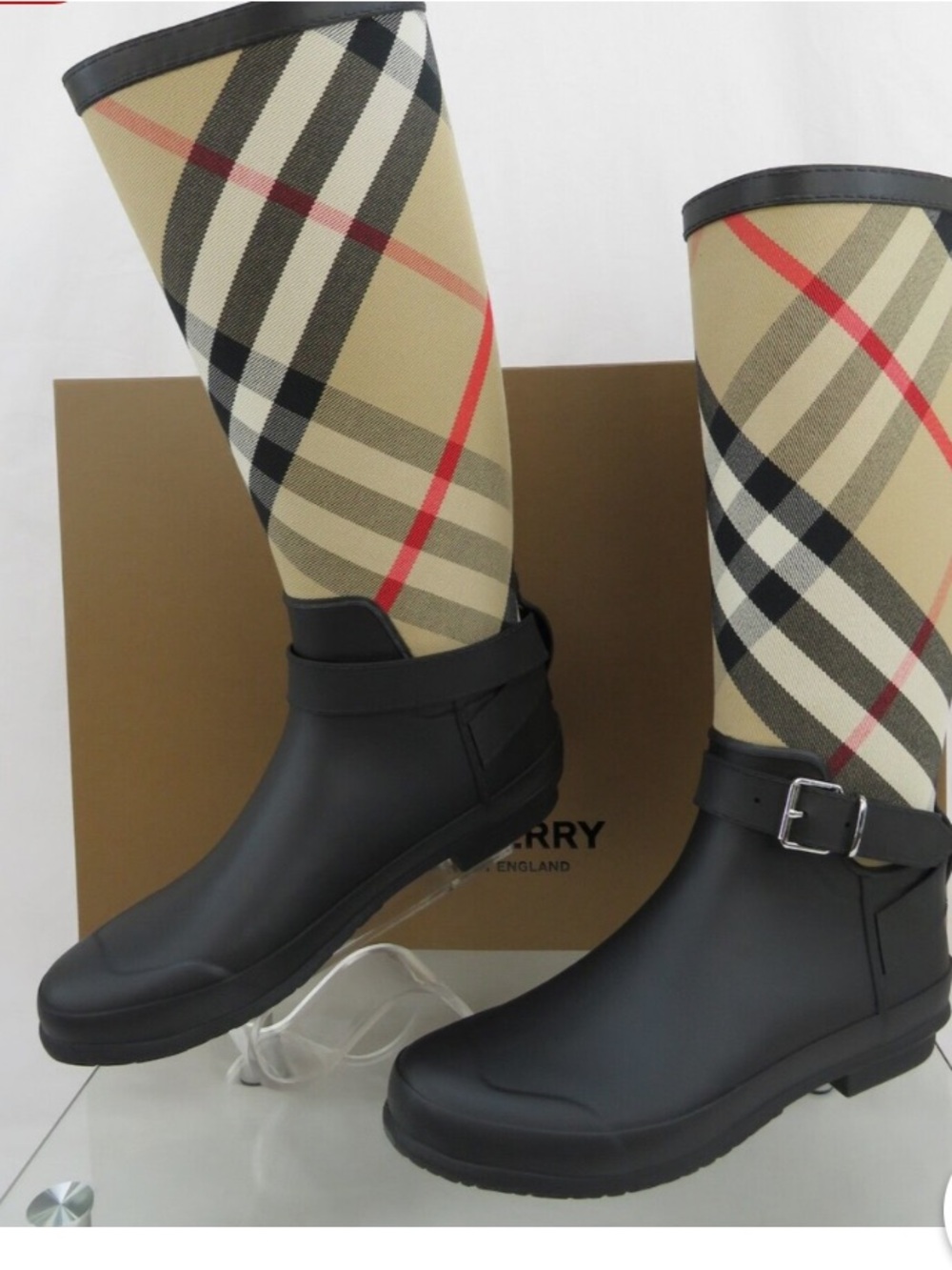 Burberry Black Rubber Foot with Beige Check Shaft Rain Boots